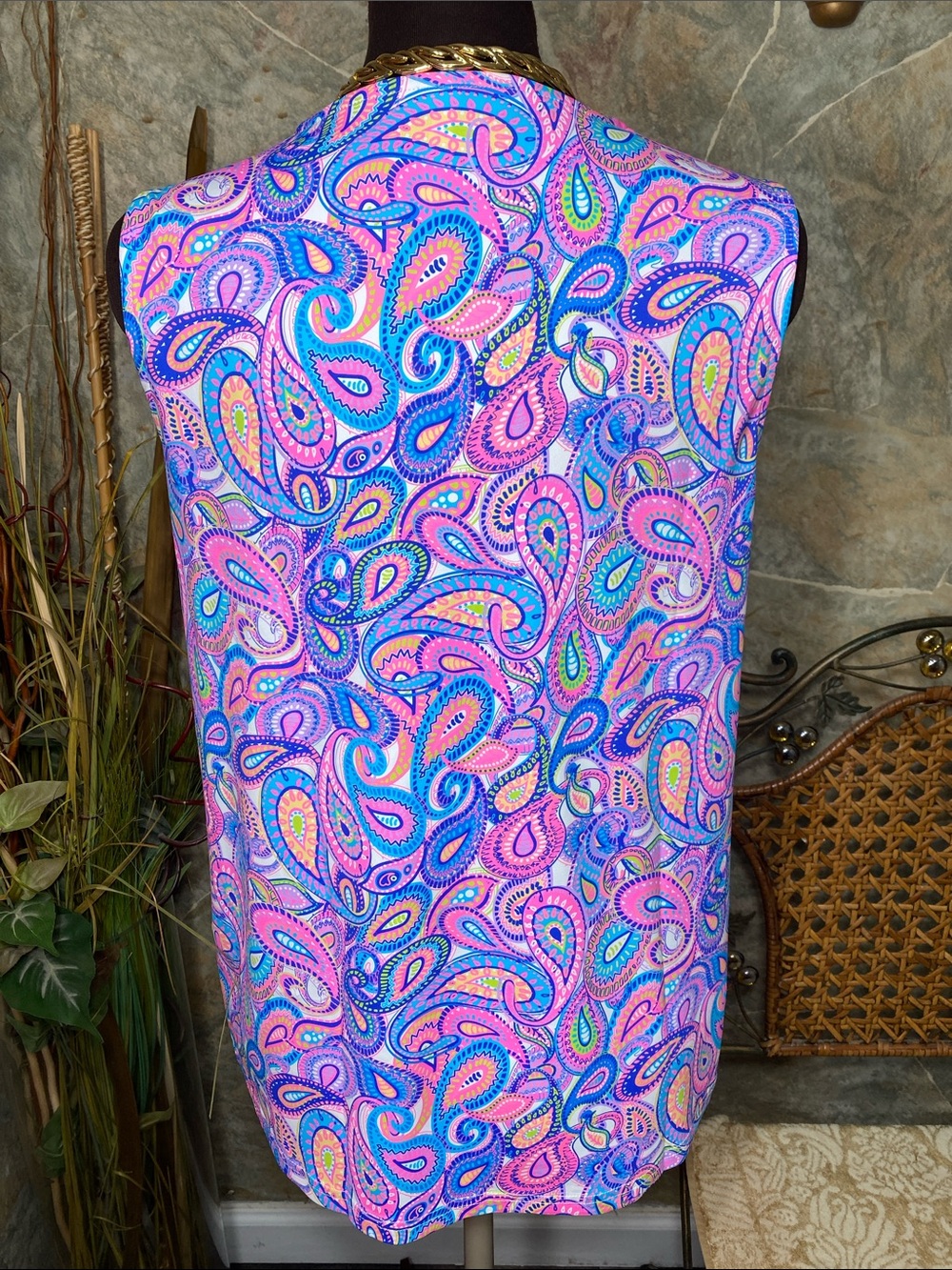 Lulu B shirt top blouse tunic sleeveless V-neck colorful paisley travel resort - Picture 4 of 8
